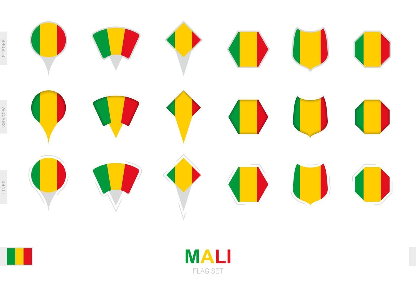 Collection of the Mali flag in different shapes and with three different effects. vector