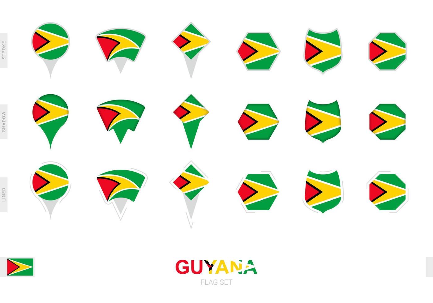 Collection of the Guyana flag in different shapes and with three different effects. vector