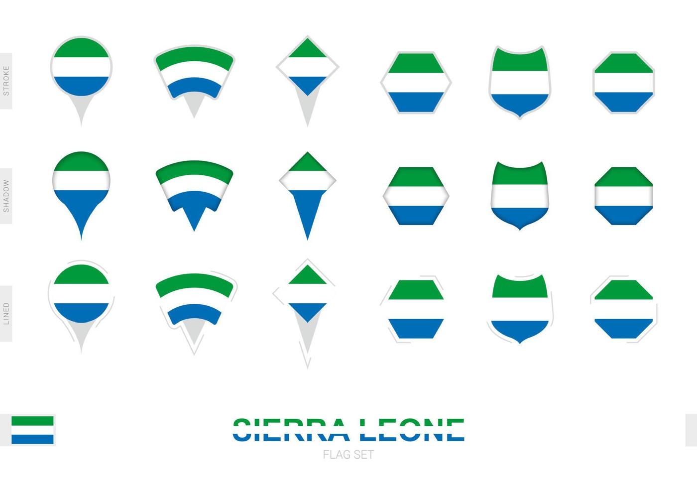 Collection of the Sierra Leone flag in different shapes and with three different effects. vector