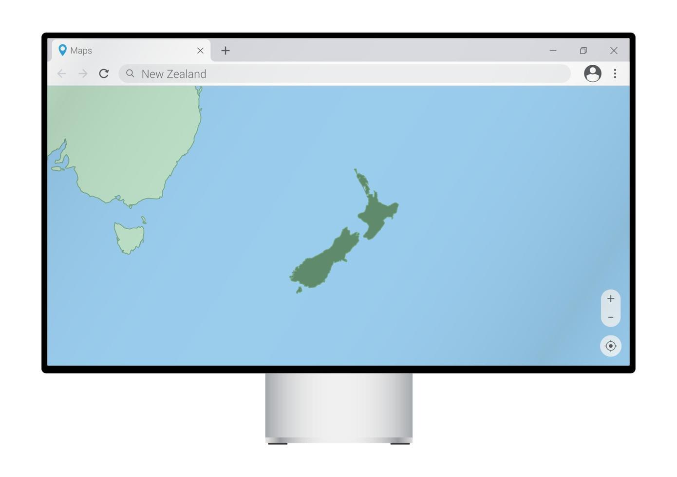 monitor de computadora con mapa de nueva zelanda en el navegador, busque el país de nueva zelanda en el programa de mapeo web. vector