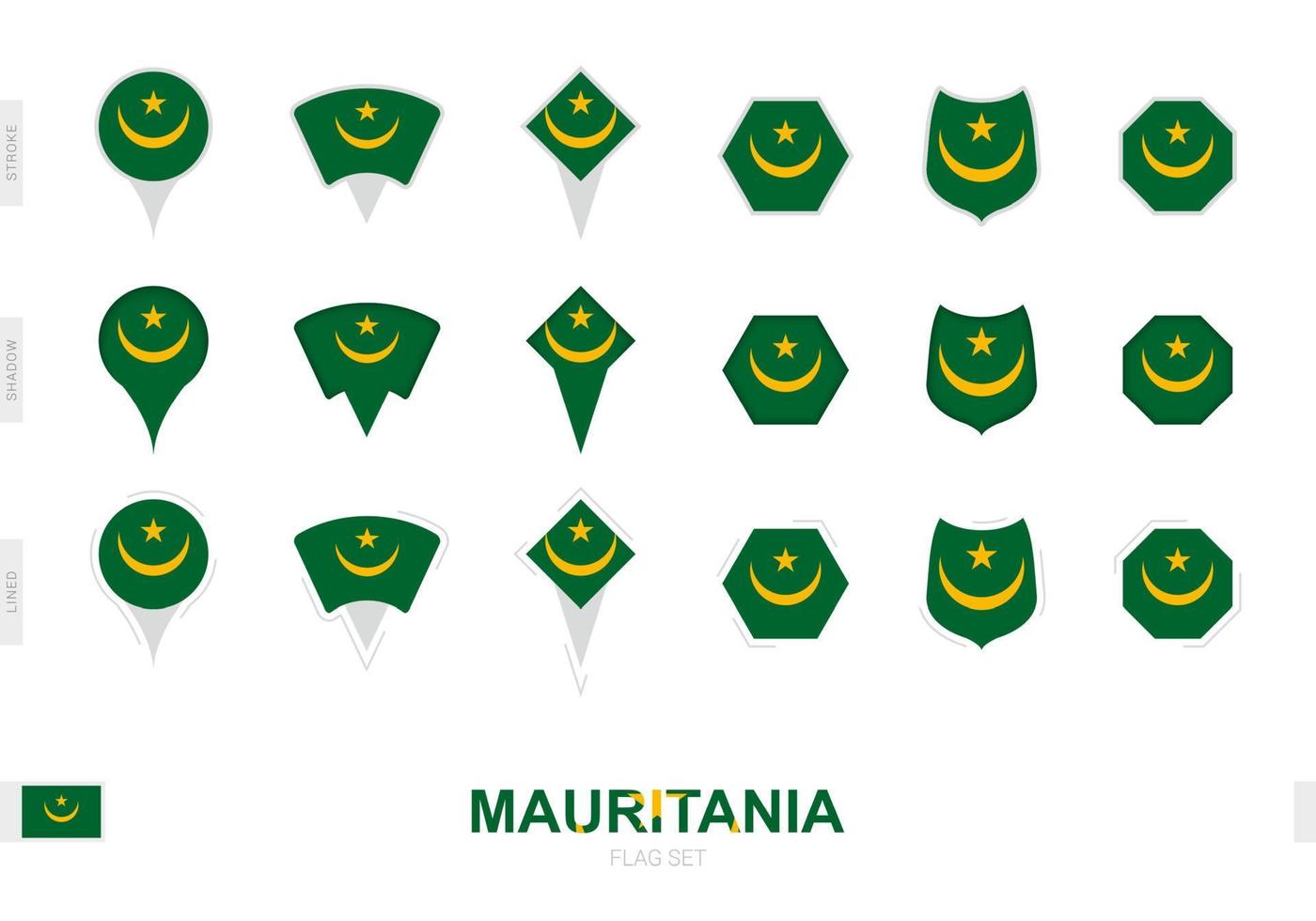 Collection of the Mauritania flag in different shapes and with three different effects. vector