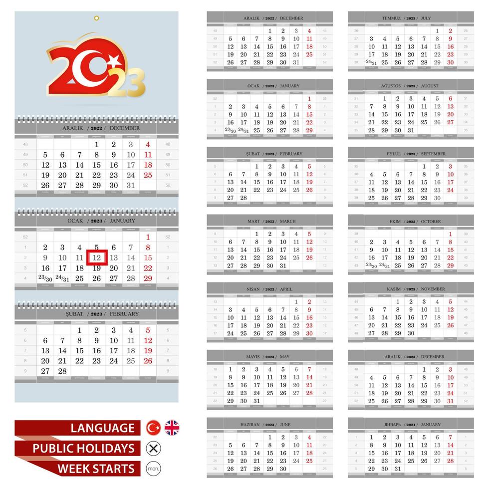 Wall calendar planner template for 2023 year. Turkish and English language. Week starts from Monday. vector