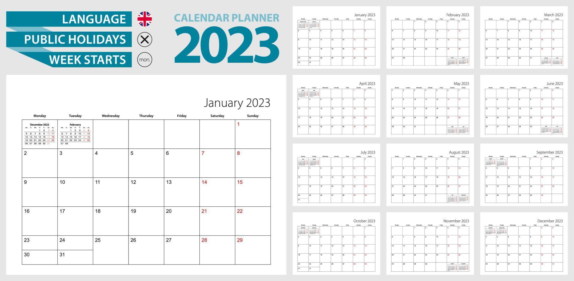 Wall calendar planner for 2023. English language, week starts from Monday. vector