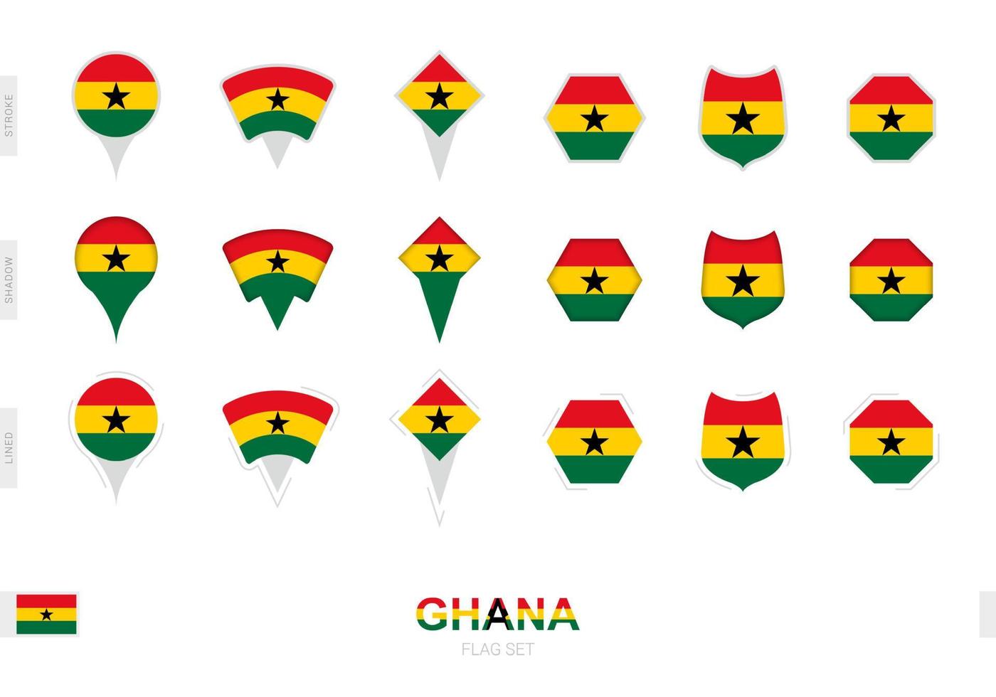 Collection of the Ghana flag in different shapes and with three different effects. vector