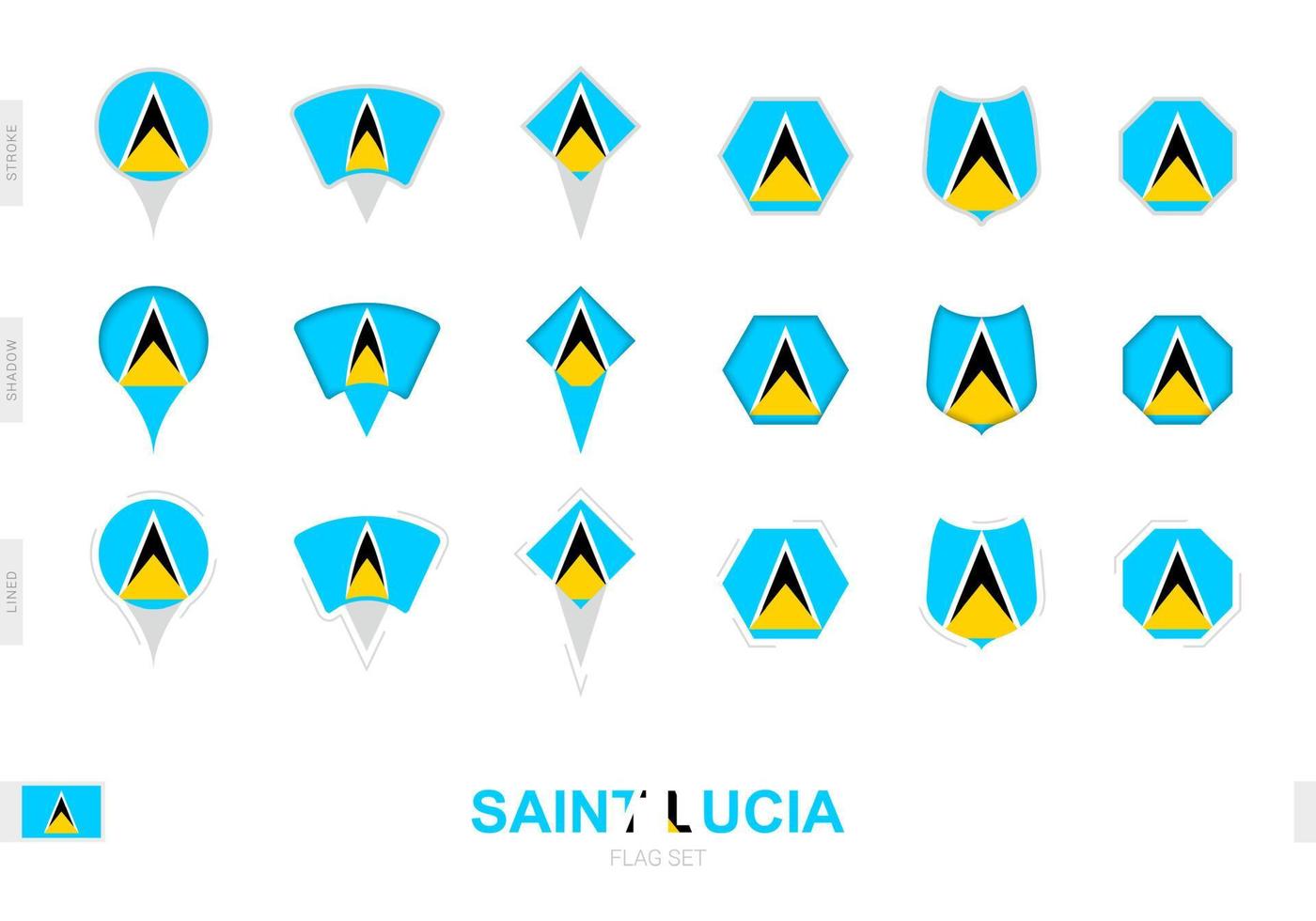 Collection of the Saint Lucia flag in different shapes and with three different effects. vector