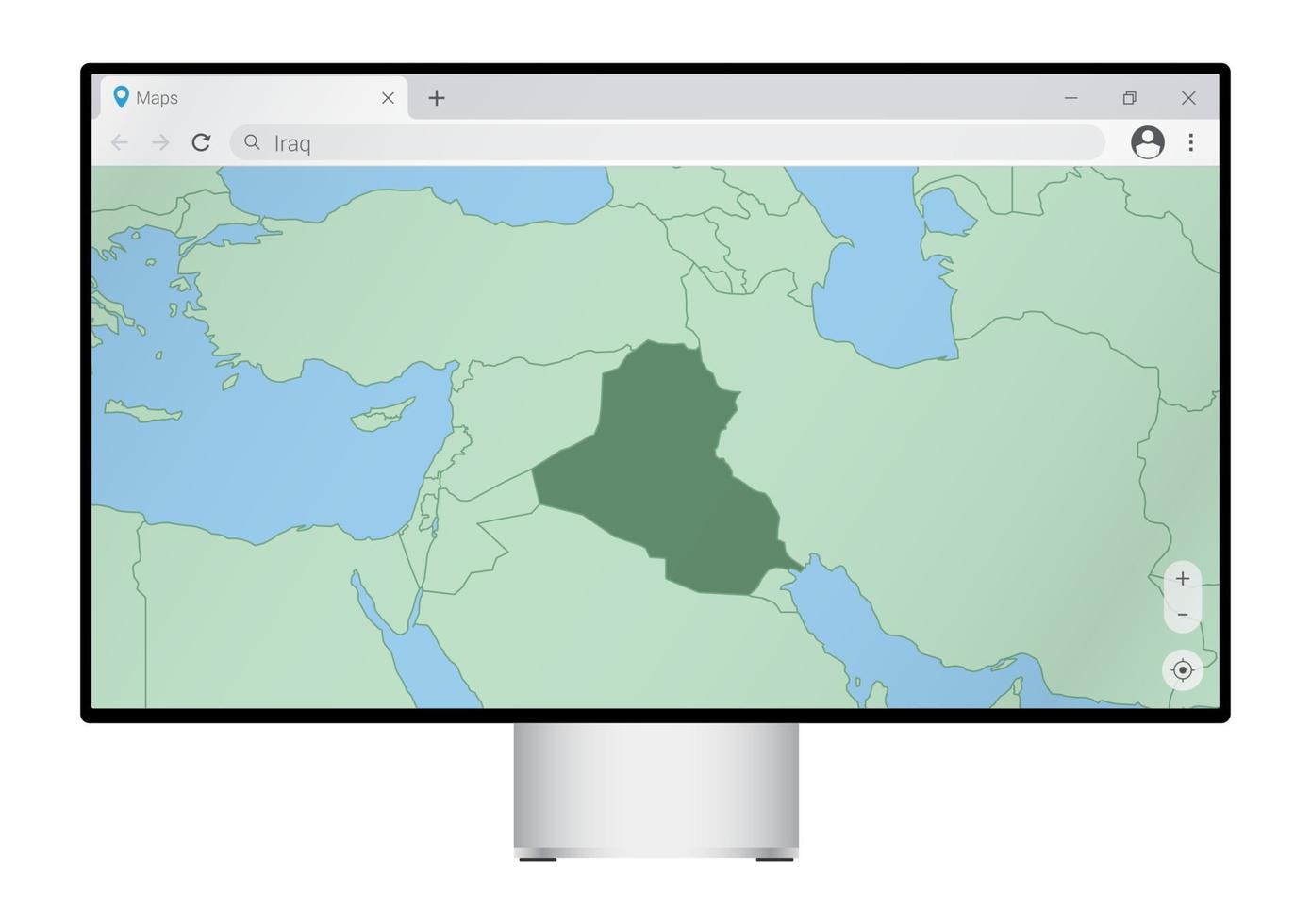 Computer monitor with map of Iraq in browser, search for the country of Iraq on the web mapping program. vector