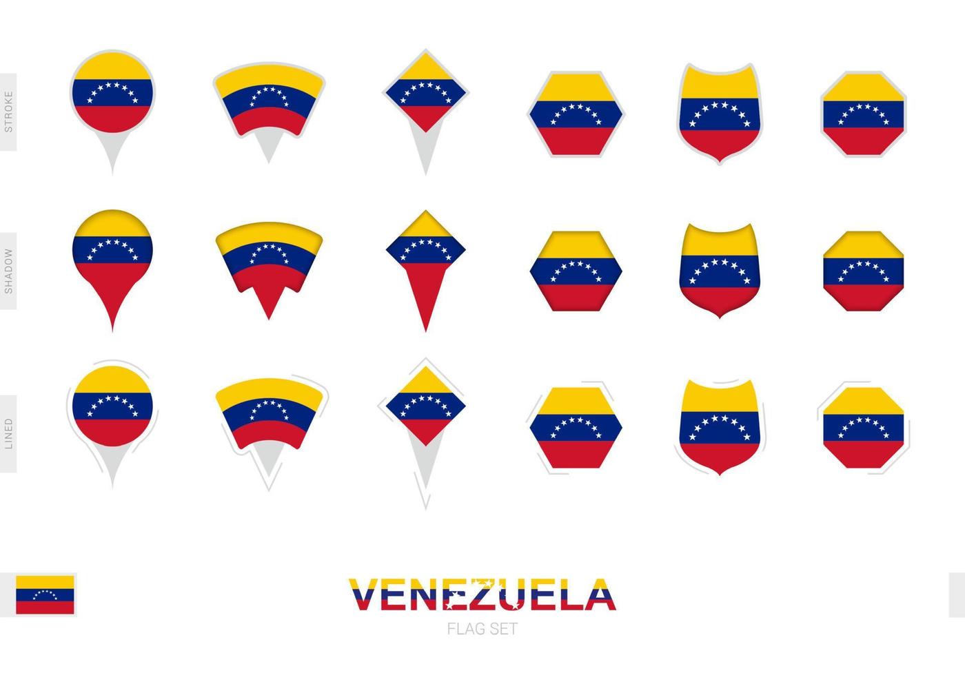 Collection of the Venezuela flag in different shapes and with three different effects. vector
