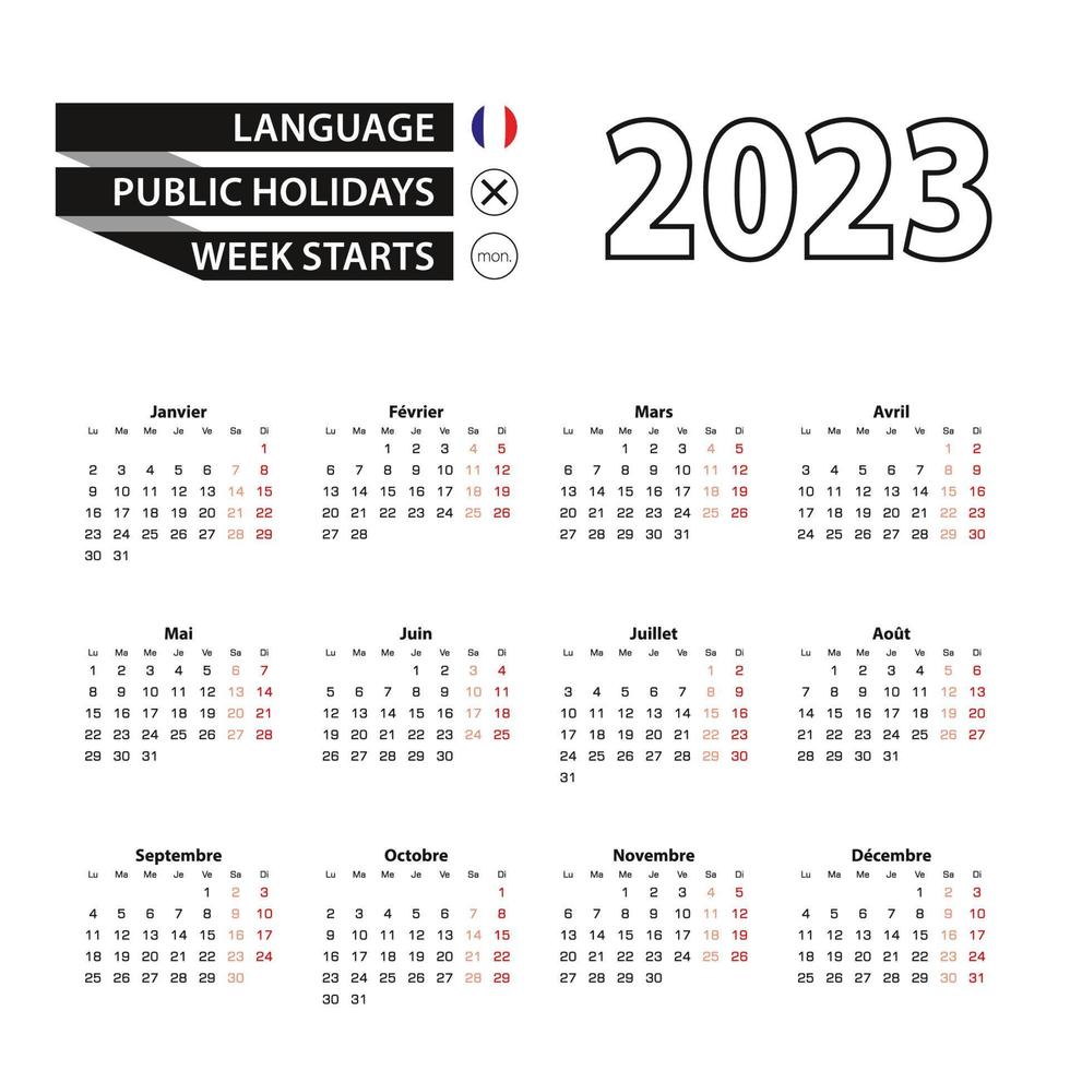 Calendar 2023 in French language, week starts on Monday. vector