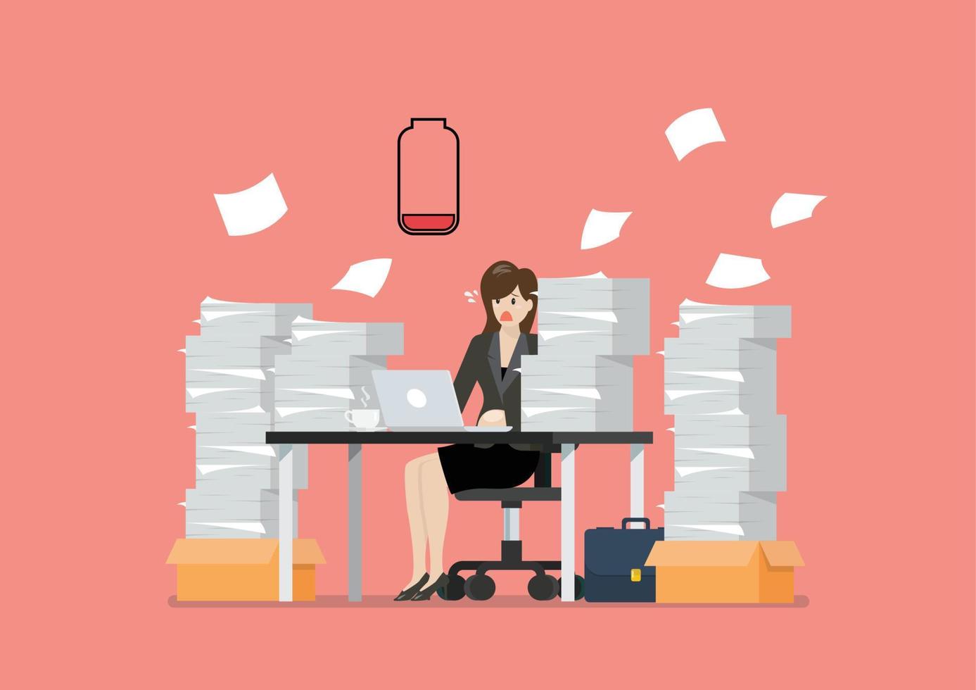 Low battery woman sitting at table with laptop and pile of papers in office vector