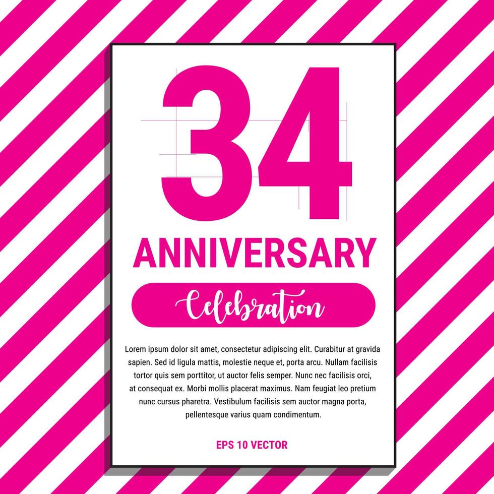 34 Year Anniversary Celebration Design, on Pink Stripe Background Vector Illustration. Eps10 Vector