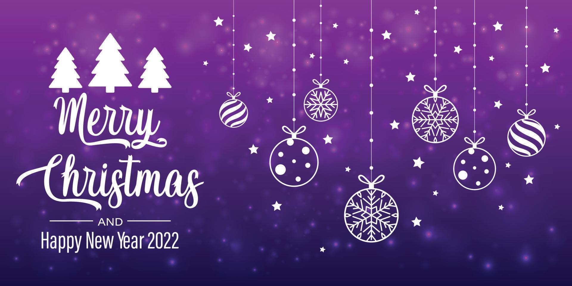 bola de Navidad vectorial realista sobre fondo morado con saludos de tipografía dorada moderna en un marco. elegante tarjeta o póster. vector