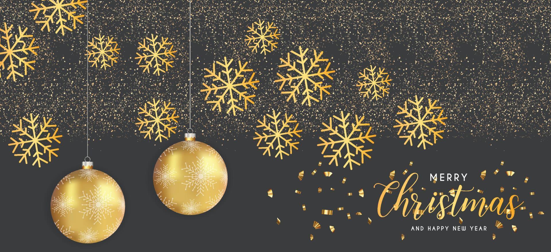 Festive ChristmasBlack Background with Golden Christmas Decorations and Golden Glitters. Vector Illustration.