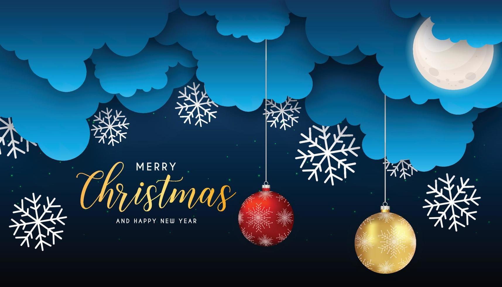 Merry Christmas and Happy New Year night for greeting card. clouds, gift box, ball, stars and snowfall. vector