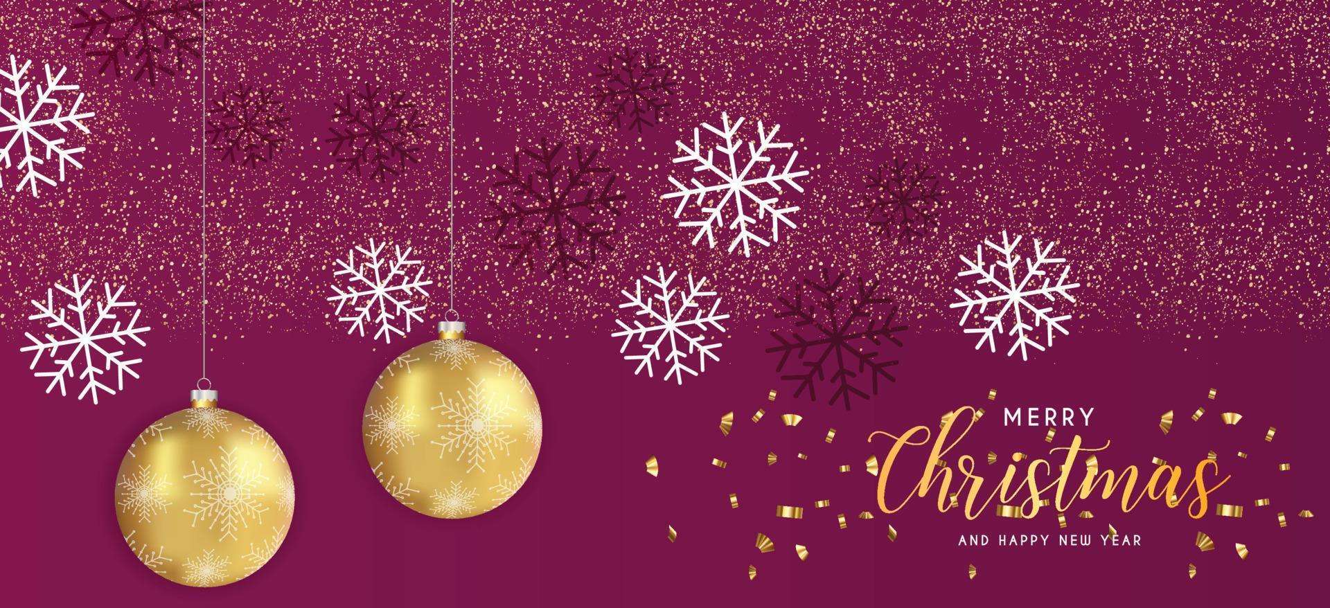 Festive Christmas Purple Background with blue ball Golden Christmas Decorations and Golden Glitters. Vector Illustration.