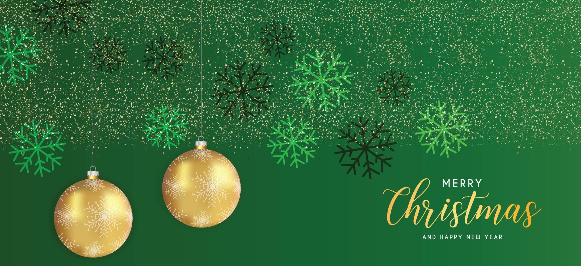 Festive Christmas Green Background with Golden Christmas Decorations and Golden Glitters. Vector Illustration.