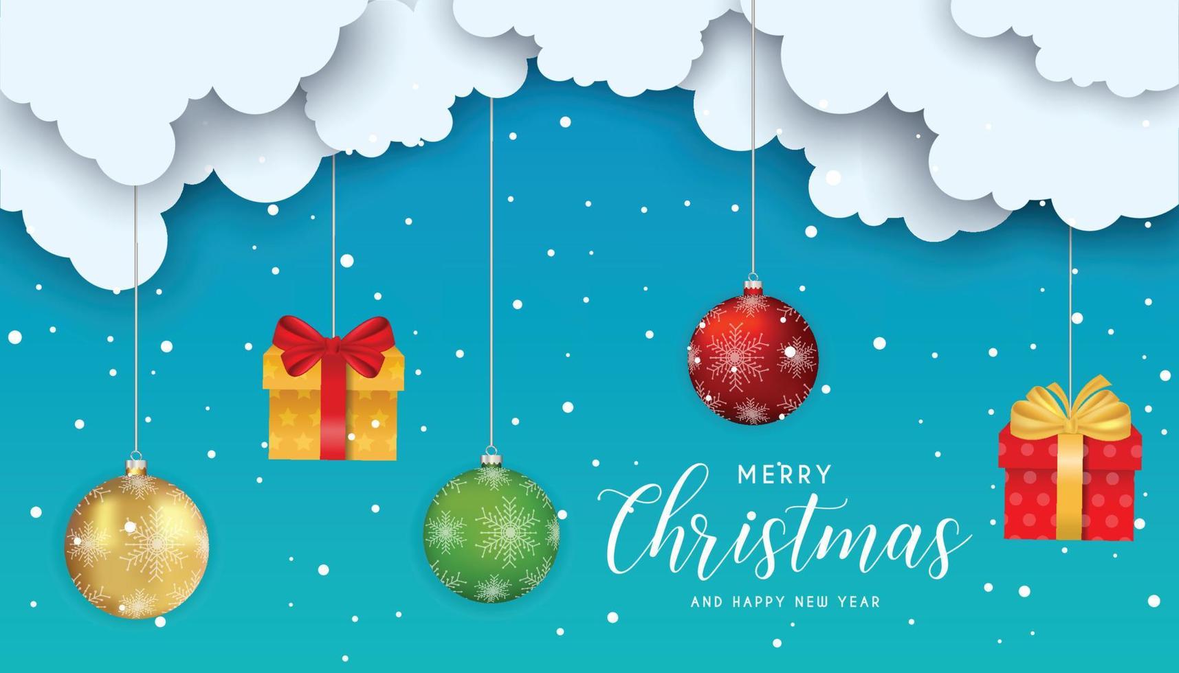 Merry Christmas and Happy New Year night for greeting card. clouds, gift box, ball, stars and snowfall. vector