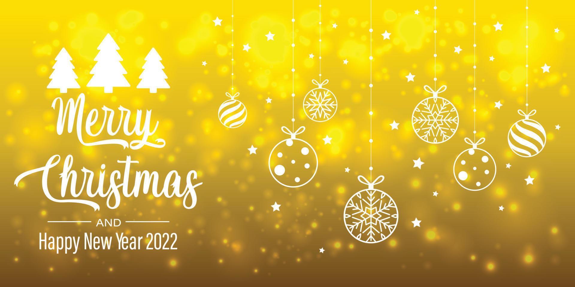 yellow shiny Happy New Year and Merry Christmas card with Christmas balls. Greeting card or festive poster template. Vector background.