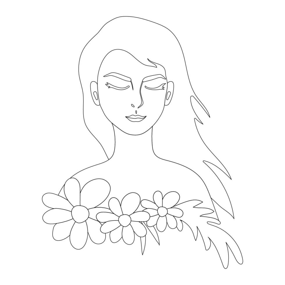 Beautiful young woman with flowers in the style of line art. vector illustration