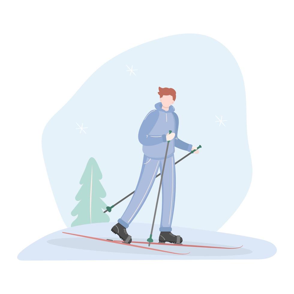 A man goes cross-country skiing in the woods. vector illustration