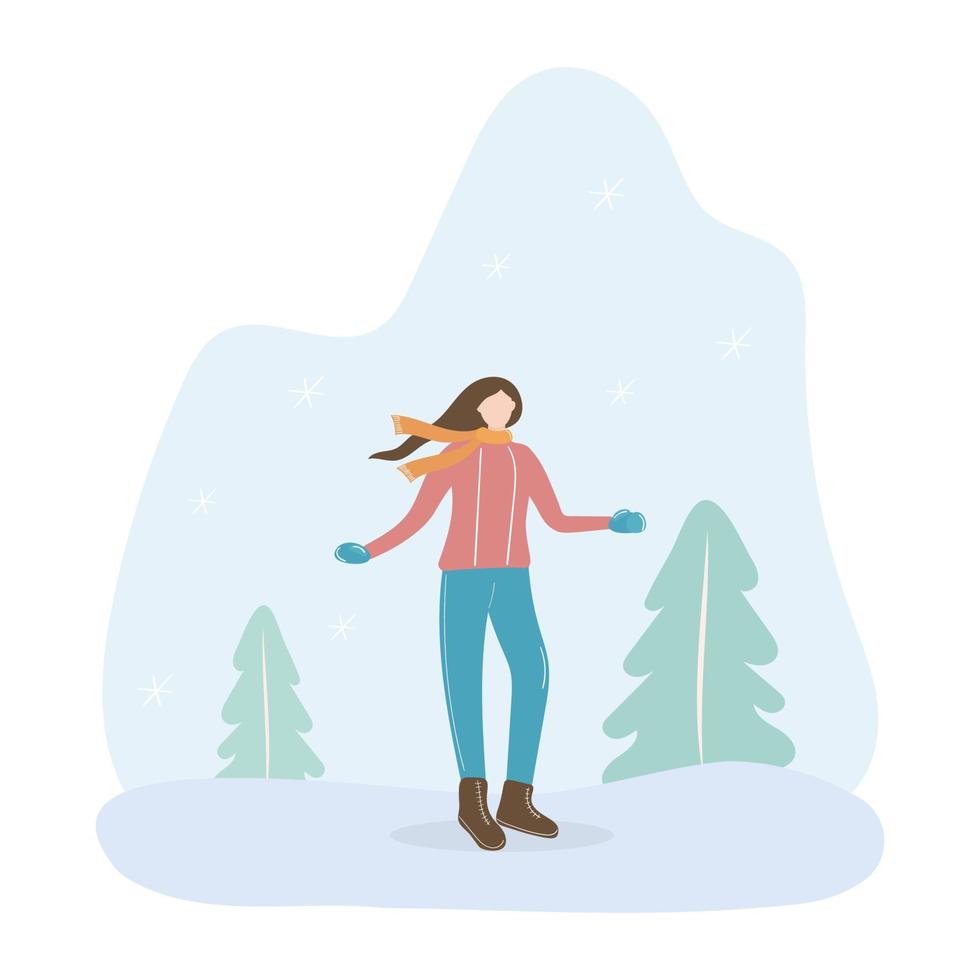 una niña camina en el invierno en el bosque. ilustración vectorial vector