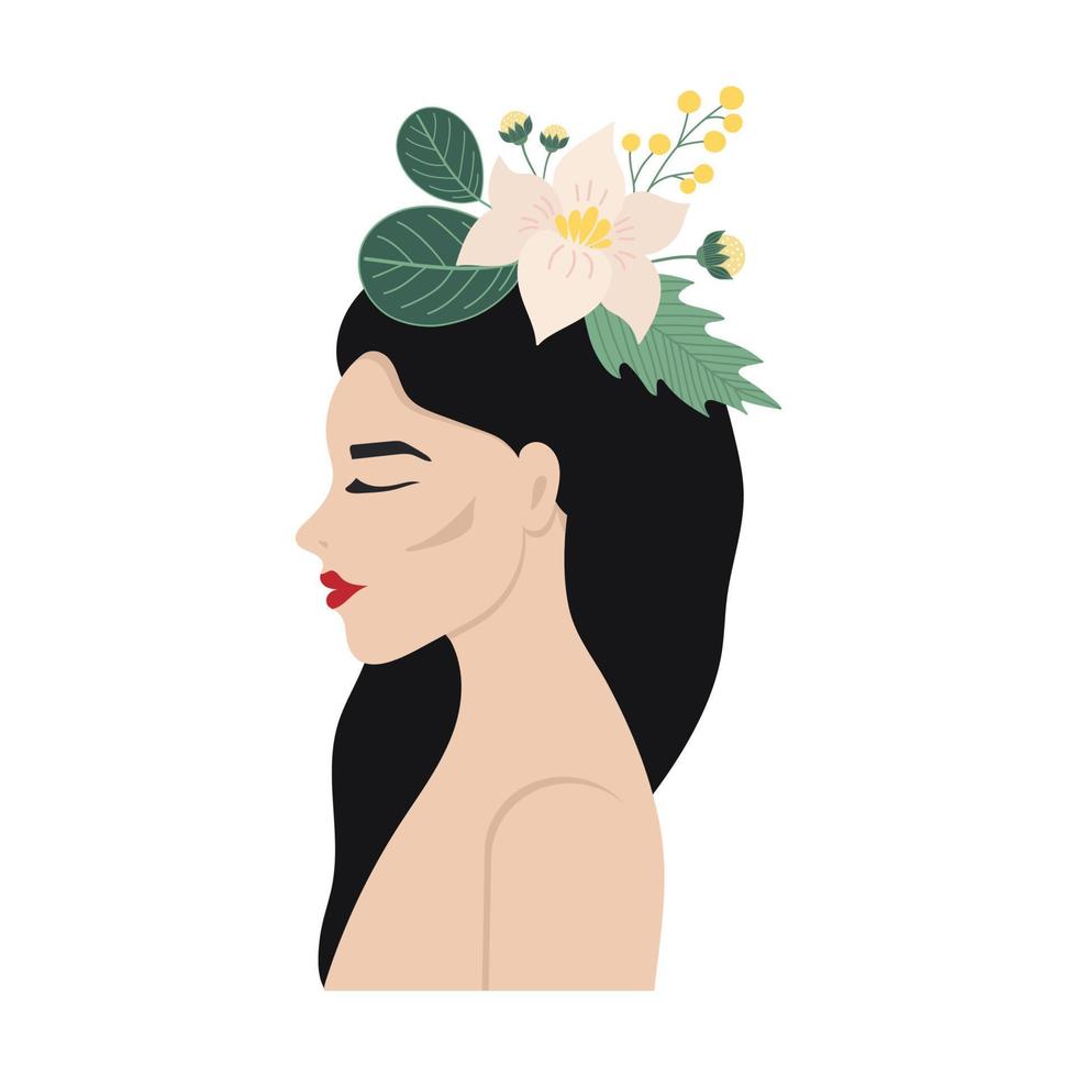 Young dark-haired girl with flowers on her head. vector illustration