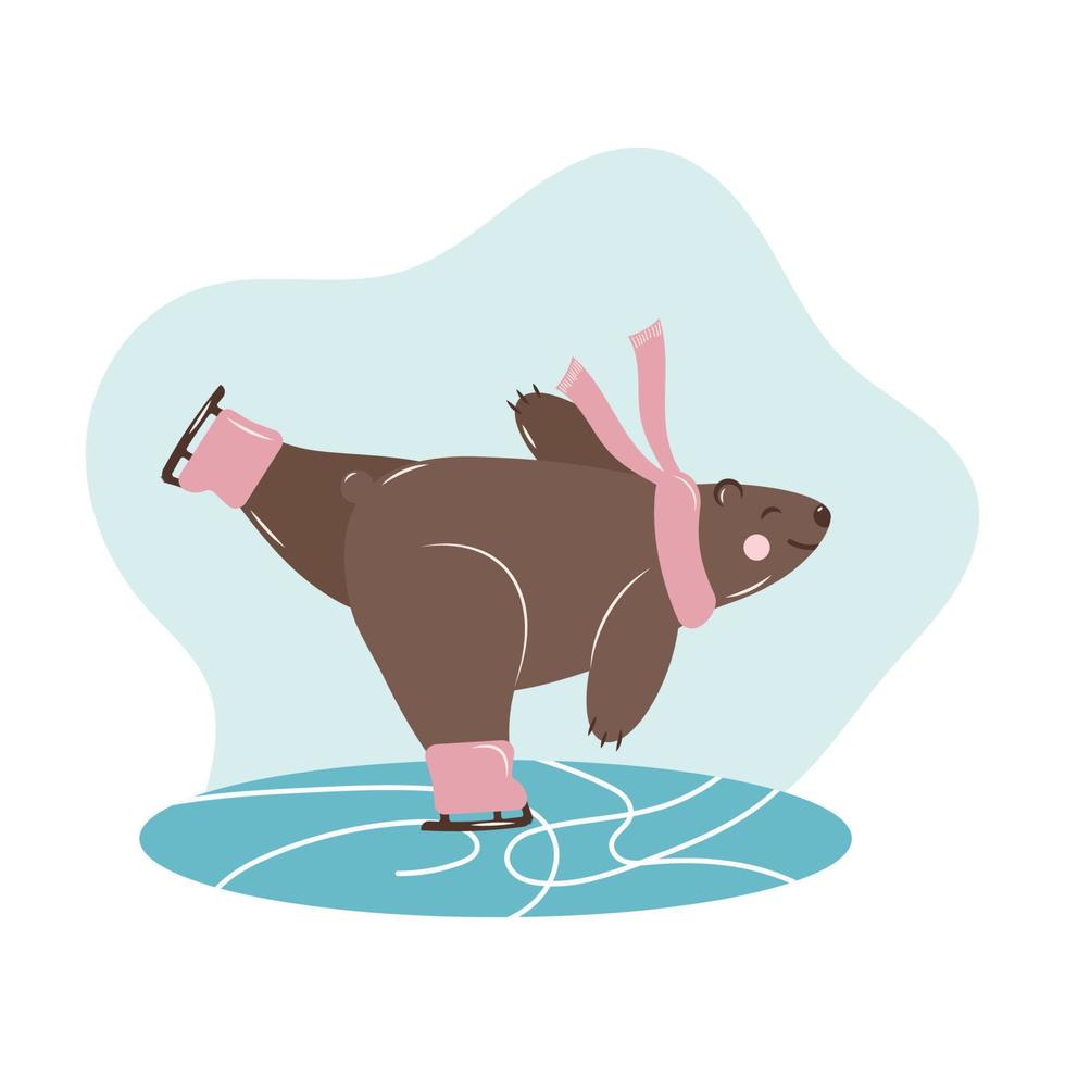 Cute brown bear skating on ice in winter. vector illustration