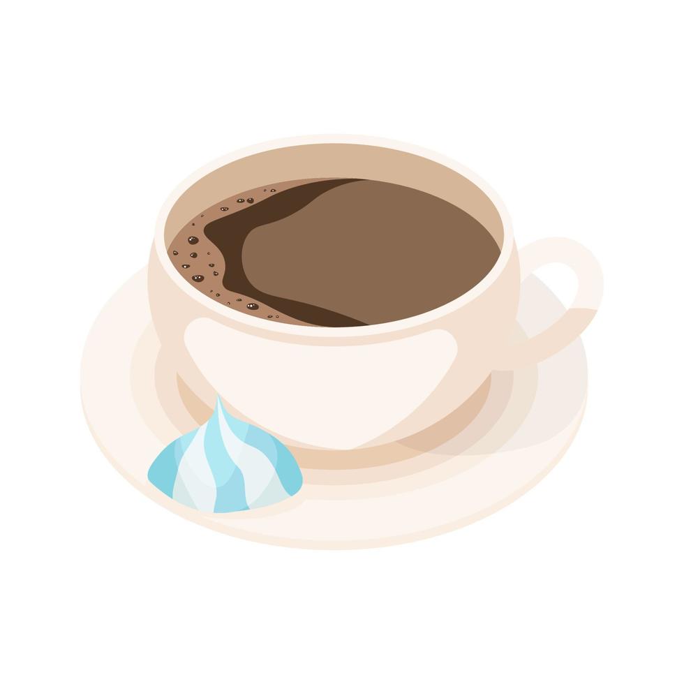 Cup of coffee on a saucer and marshmallows. vector illustration
