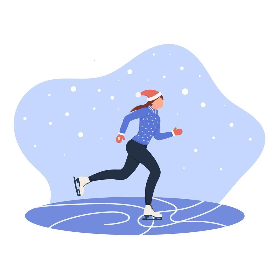 Slender young girl skating in winter on ice. vector illustration