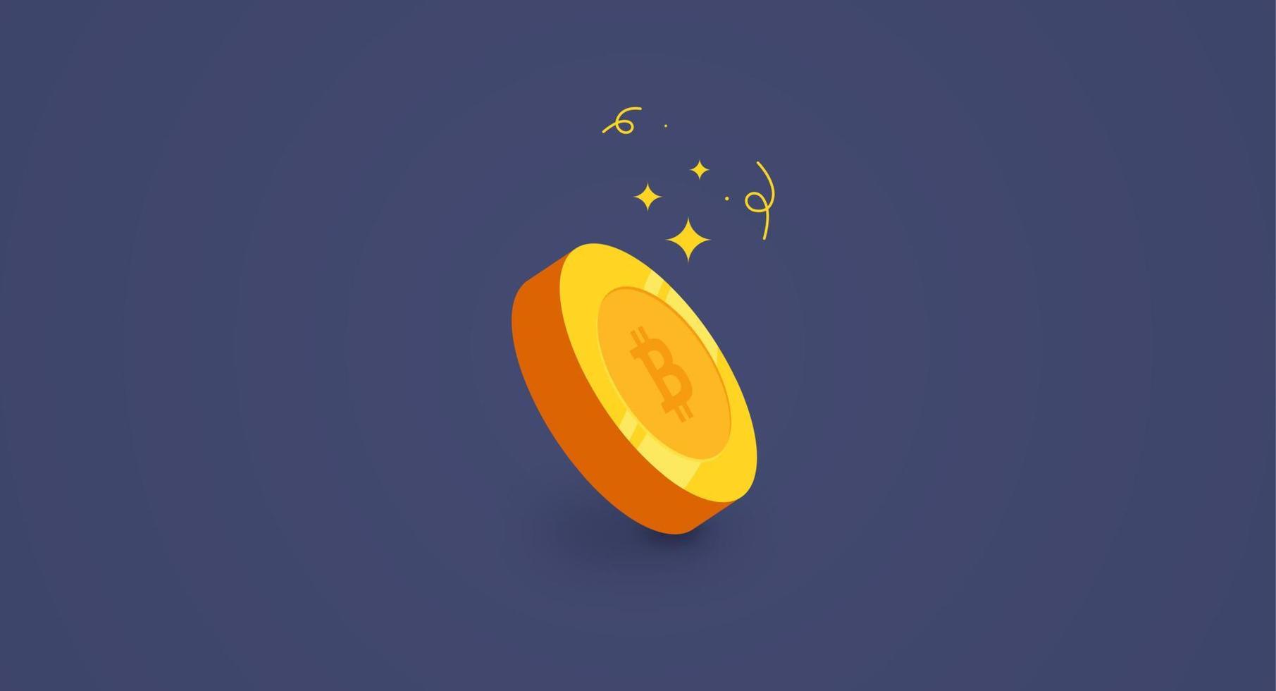 Golden bitcoin banner isolated on grey background. 3d coin vector illustration.