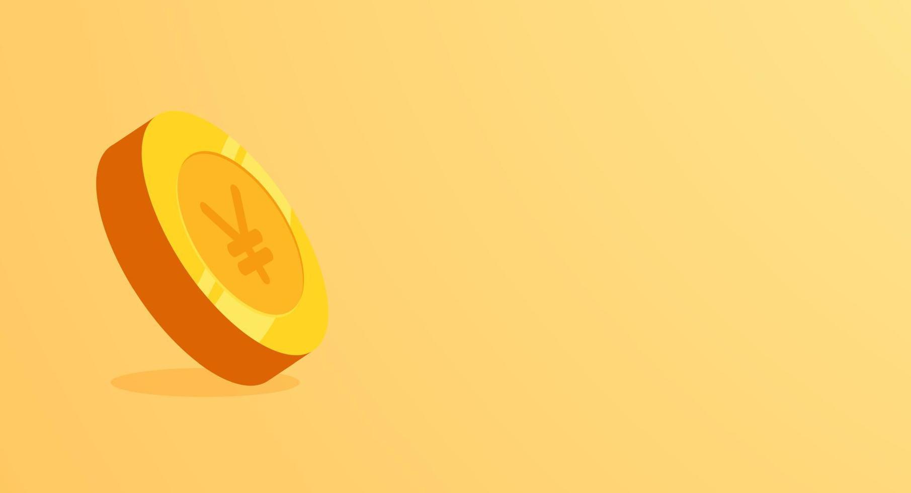 Golden yen banner isolated on yellow background. 3d coin vector illustration.