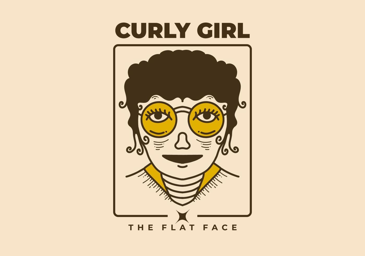 Vintage art illustration of a curly girl face wearing big round glasses vector