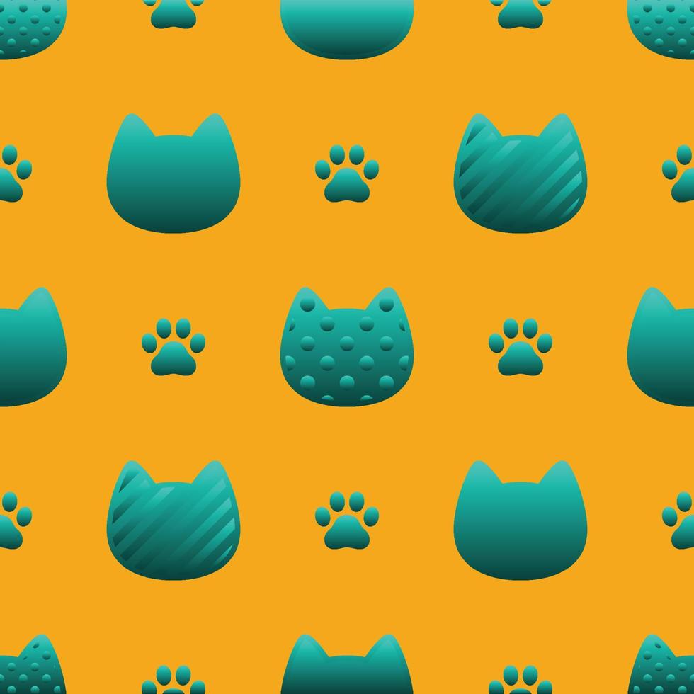 Cat seamless pattern kitten head paw footprint vector