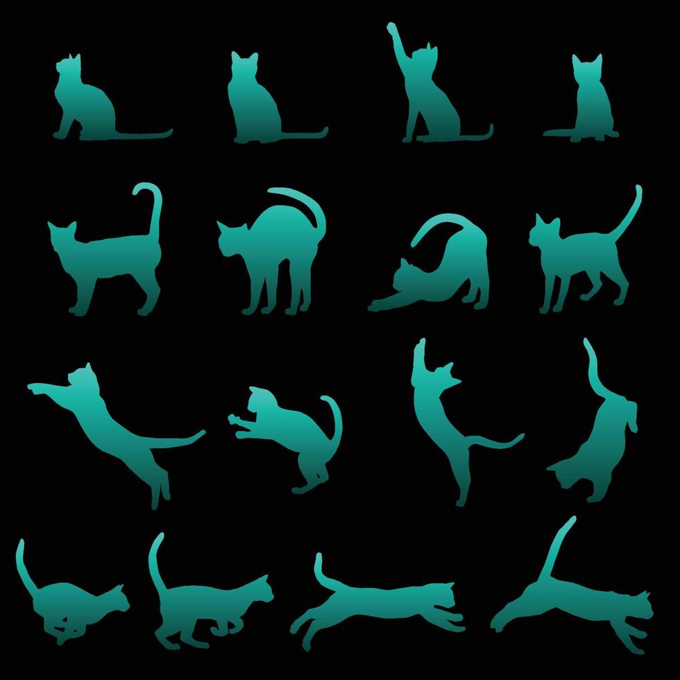 A set of pet cat silhouettes including the cat playing, jumping and walking vector