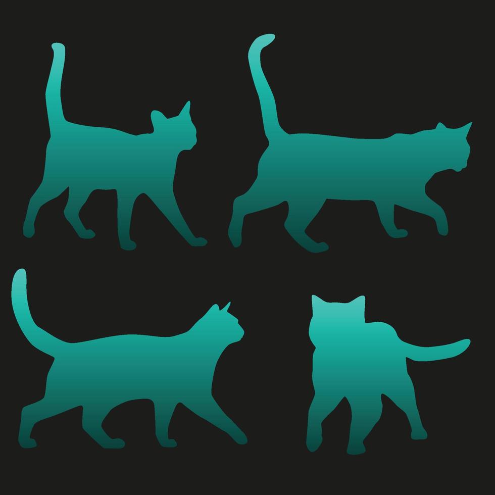 conjunto de cuatro siluetas de gatos isolaed sobre fondo negro vector