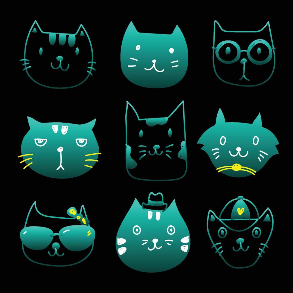 Draw set of cat face silhouette funny emotion vector