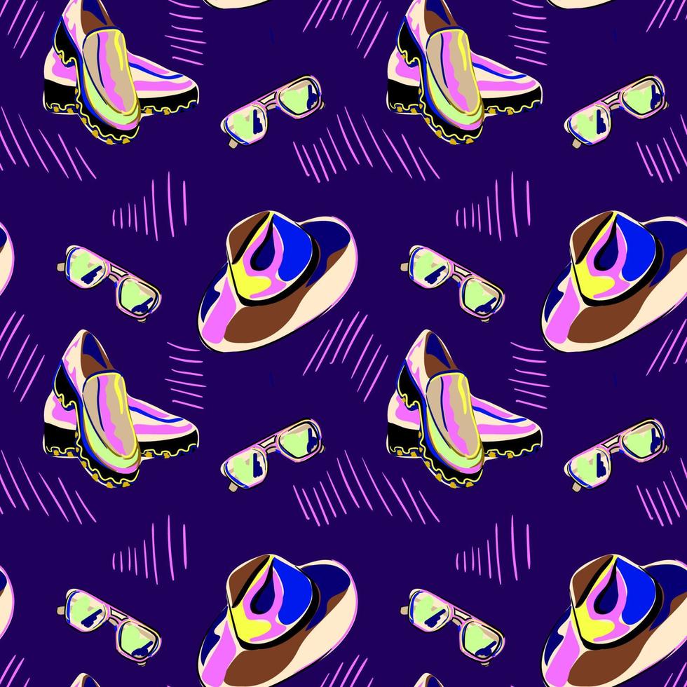 fondo psicodélico con sombrero, zapatos y gafas. patrón sin costuras diseño para moda, tela, textil, papel pintado, portada, web, envoltura y todas las impresiones. vector