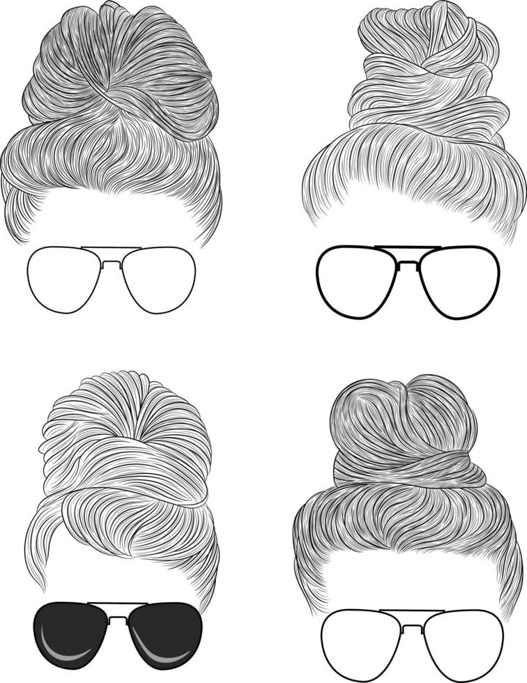 Hand Drawn Messy Bun Black Long Hair With Retro Sunglasses Collection Isolated vector