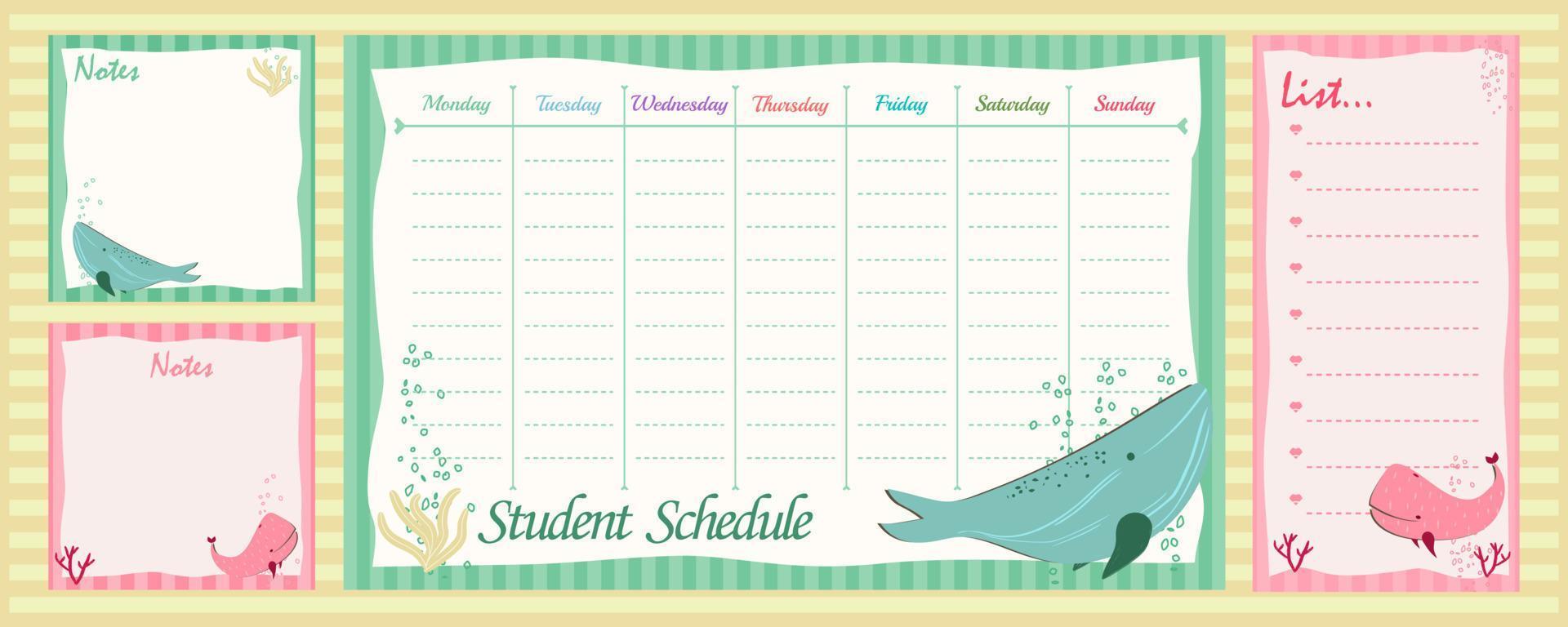 cute school timetable schedule for elementary school kid with cute whale vector
