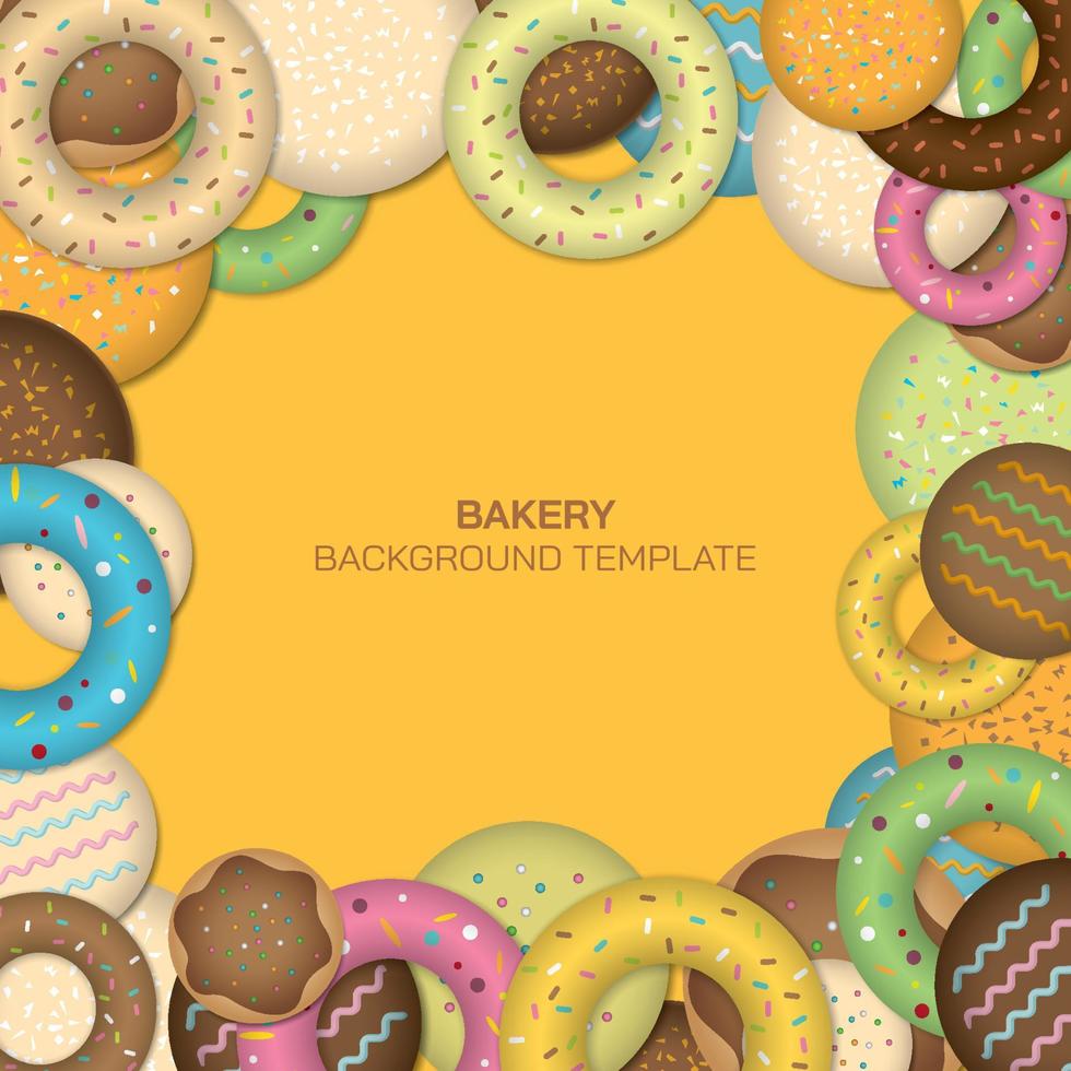 la ilustración abstracta de donas y galletas coloridas como marco tiene un espacio en blanco en el centro. fiesta de fondo de vector de panadería pastel.
