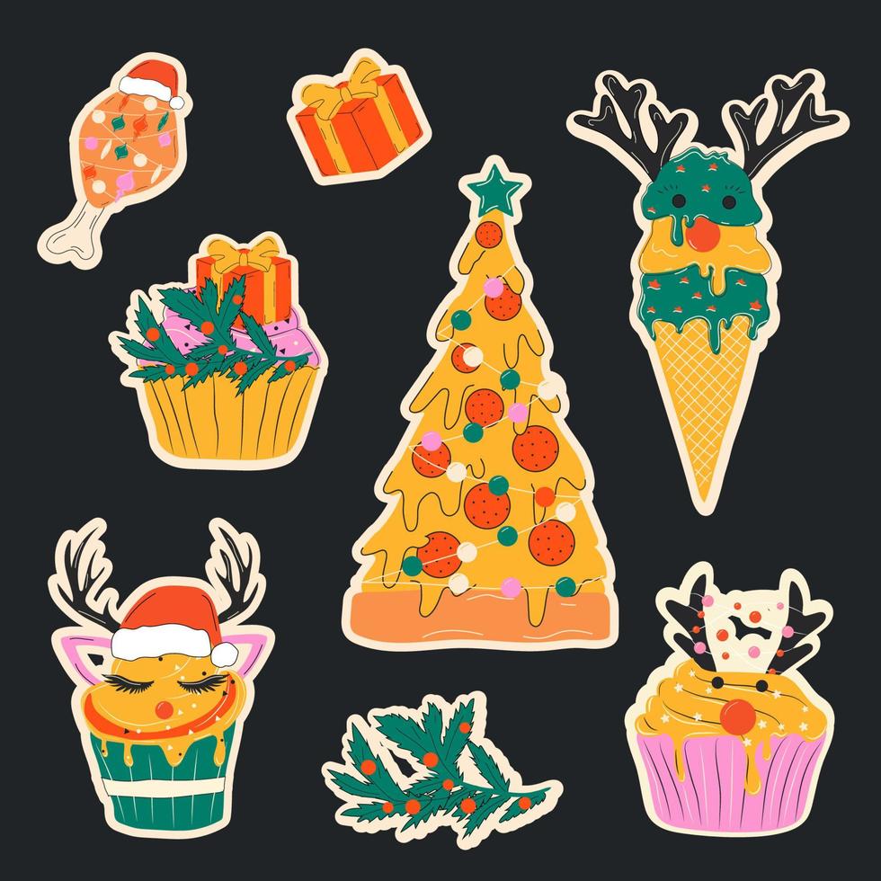 Christmas stickers cute food Pizza, Ice cream, Cupcakes decorated with Christmas decorations. All elements are isolate vector