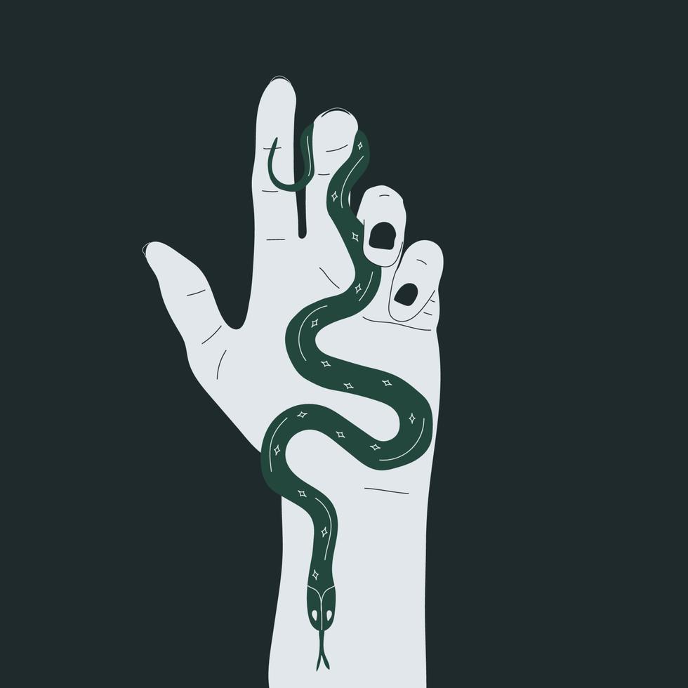 Hand drawn vector illustration of hand with snake. Design for print, stickers.