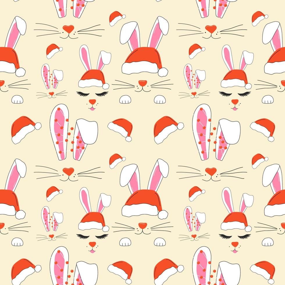 Seamless pattern with faces of a cute Christmas rabbits with a garland.Vector in cartoon style. vector