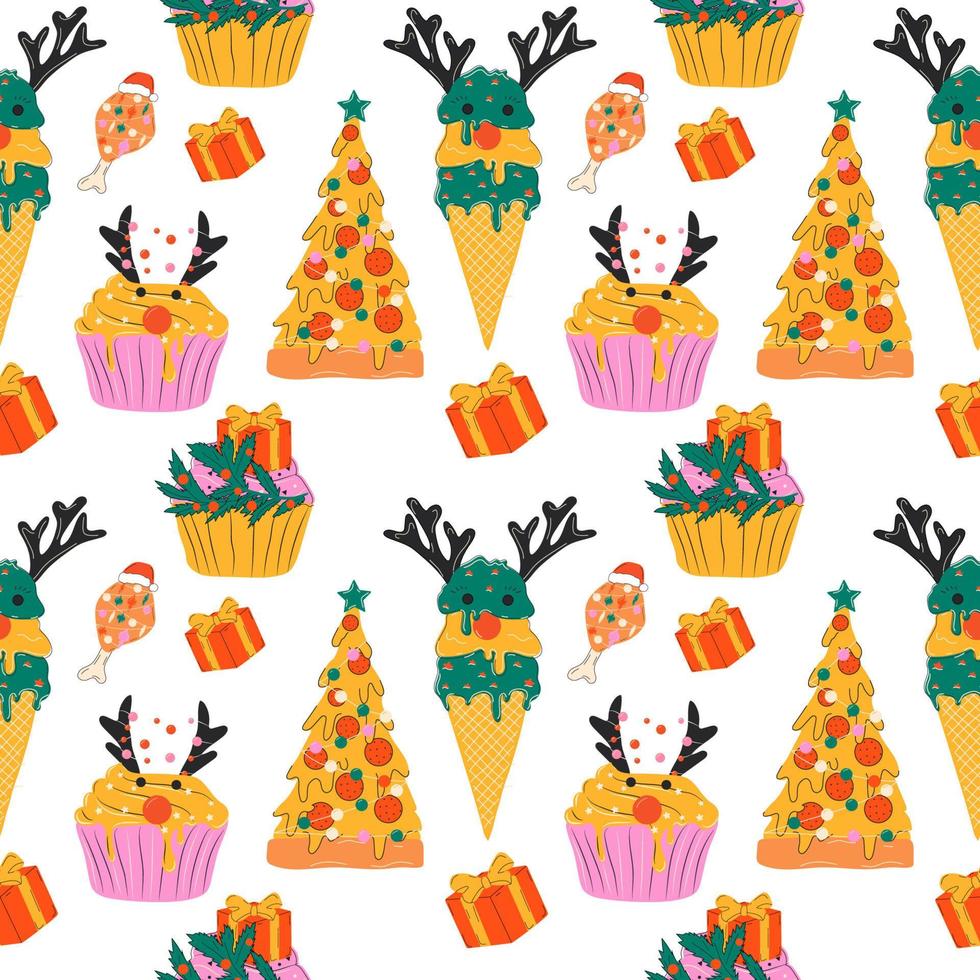 patrón sin costuras con juego de navidad comida linda pizza, helado, cupcakes decorados con adornos navideños. vector