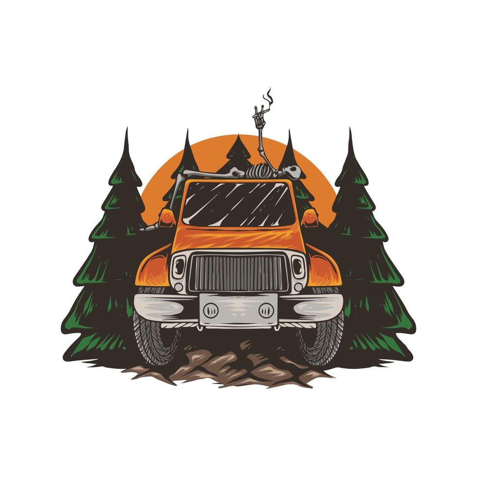 hand drawn illustration of smoking skull with off road jeep car vector