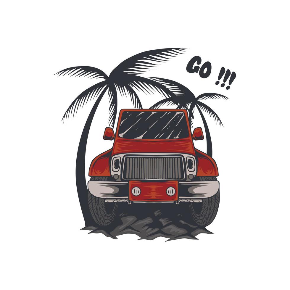 red offroad car hand drawn illustration for t-shirt and logo design vector