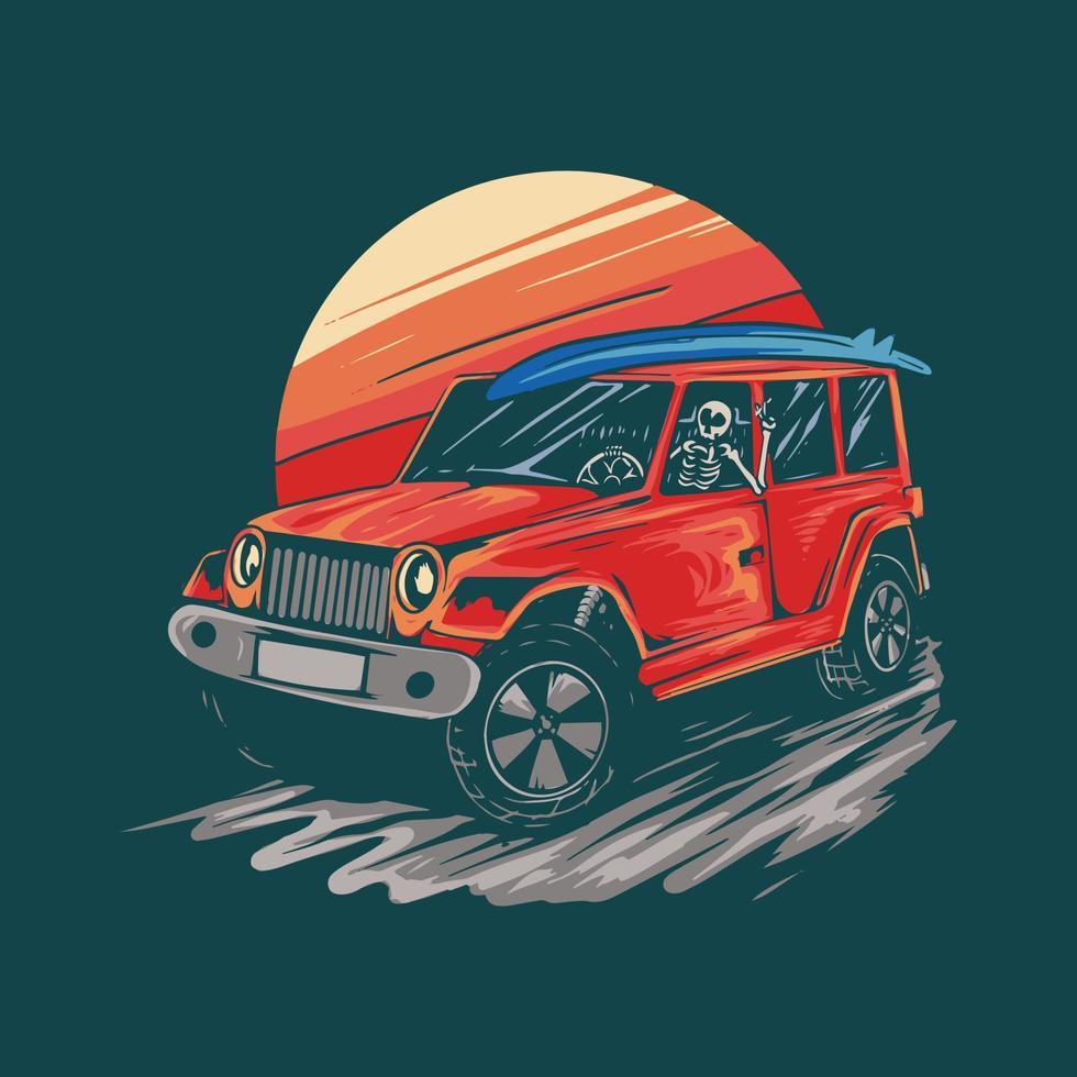 skull illustration going to the beach in an off road jeep vector