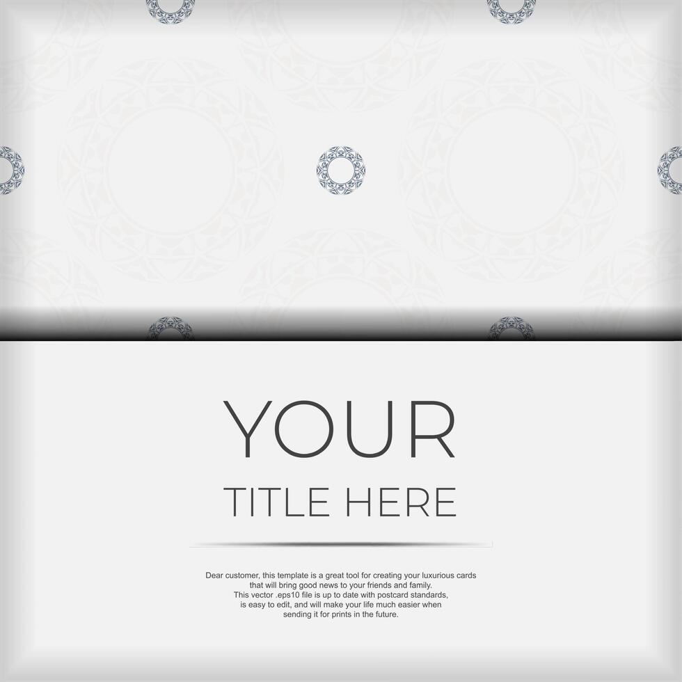 Luxurious Ready-to-Print Postcard Design in White with Patterns. Invitation card template with place for your text and abstract ornament. vector