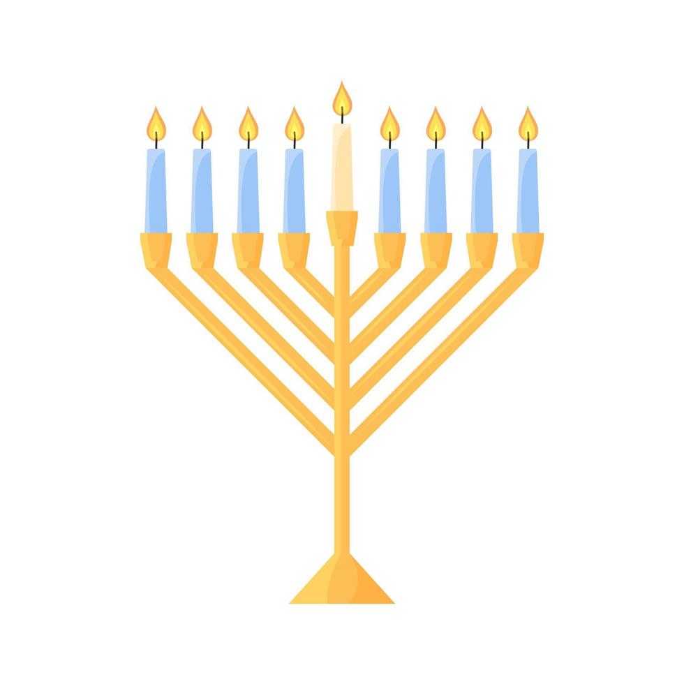 Hanukkah menorah isolated. Traditional Jewish chanukiah candle holder with nine candles on white background. Flat vector illustration