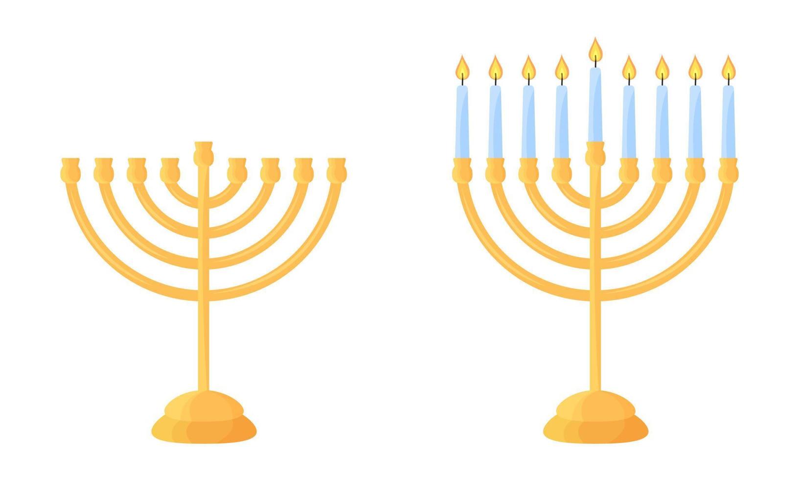 Hanukkah menorah empty and with lit candles. Set of traditional Jewish Hanukah symbol. Isolated golden chanukiah holder with nine candles on white background. Flat vector illustration