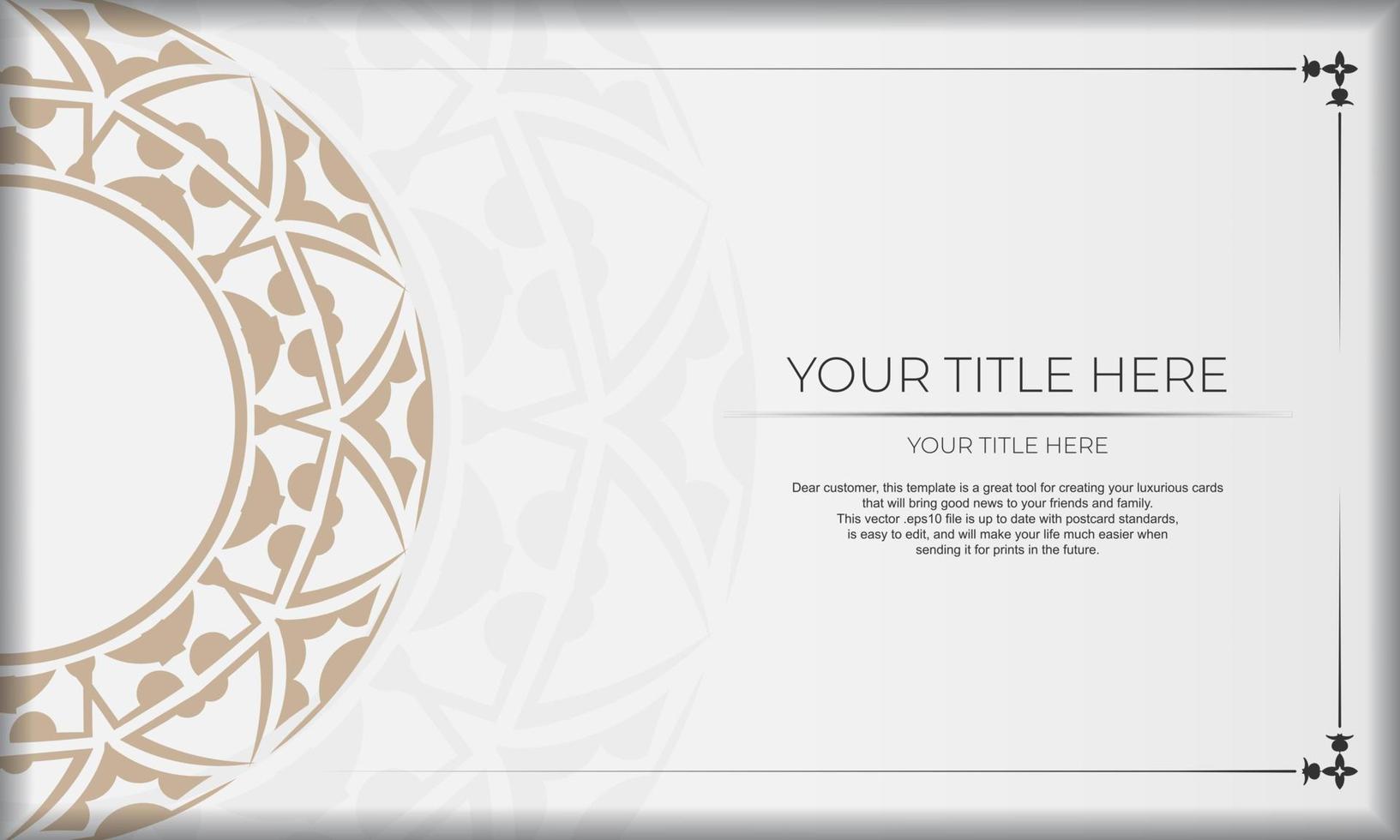 Template for postcard print design with Greek patterns. White banner with ornaments and place for your logo. vector